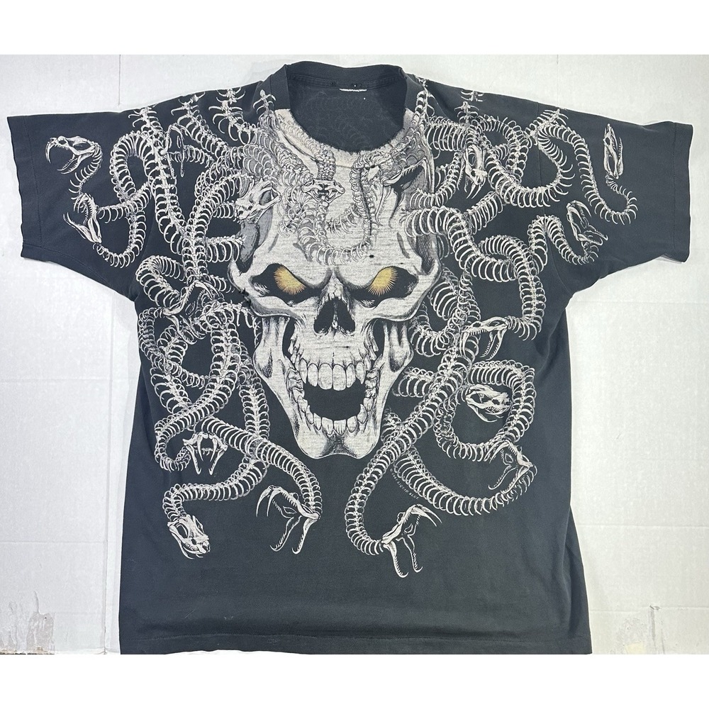 vintage 90s Liquid Blue Medusa Skull Snake All Over Print T Shirt Gothic Tee